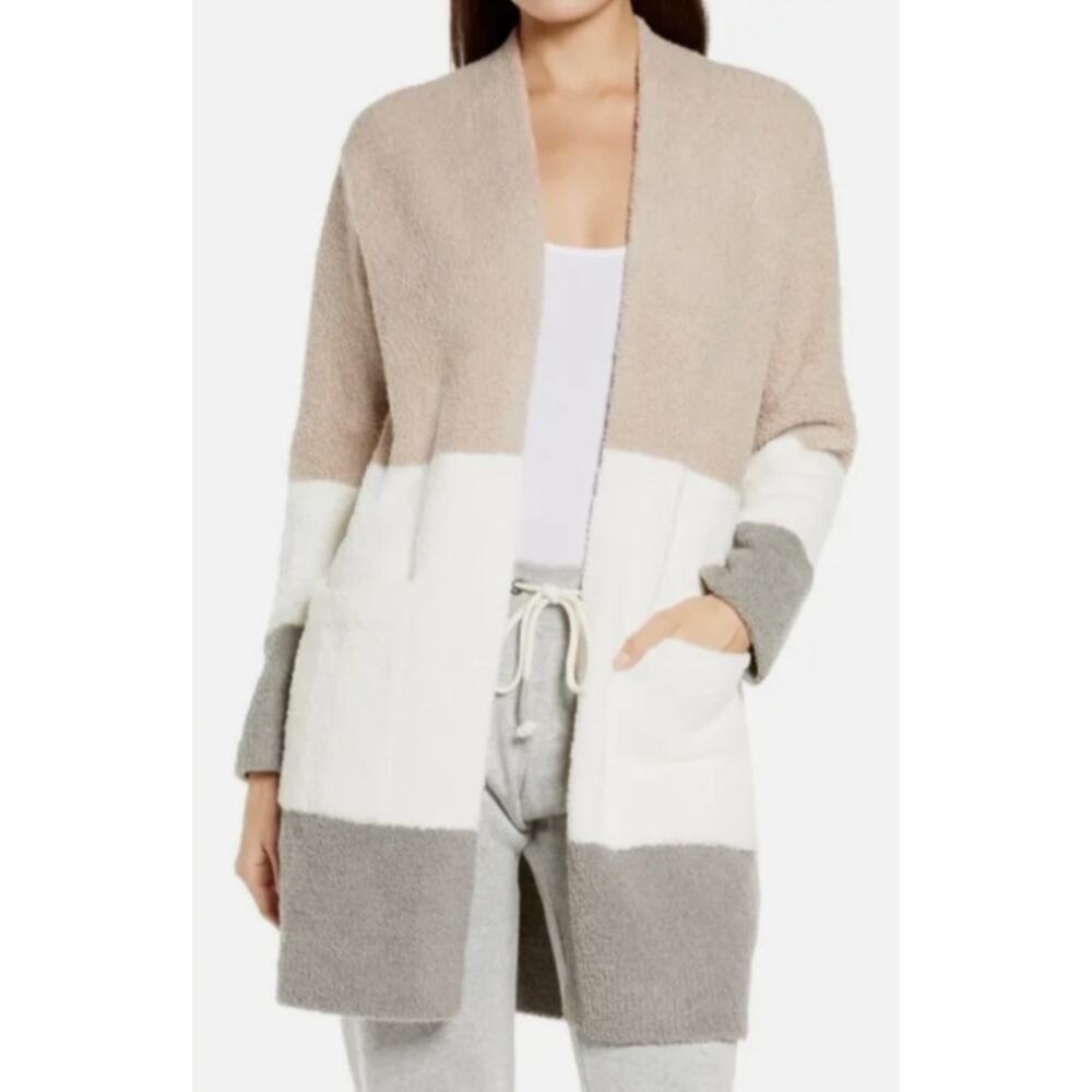 Barefoot Dreams CozyChic Colorblock Cardigan in Tan/White/Gray Stripe Size Med - Picture 2 of 10